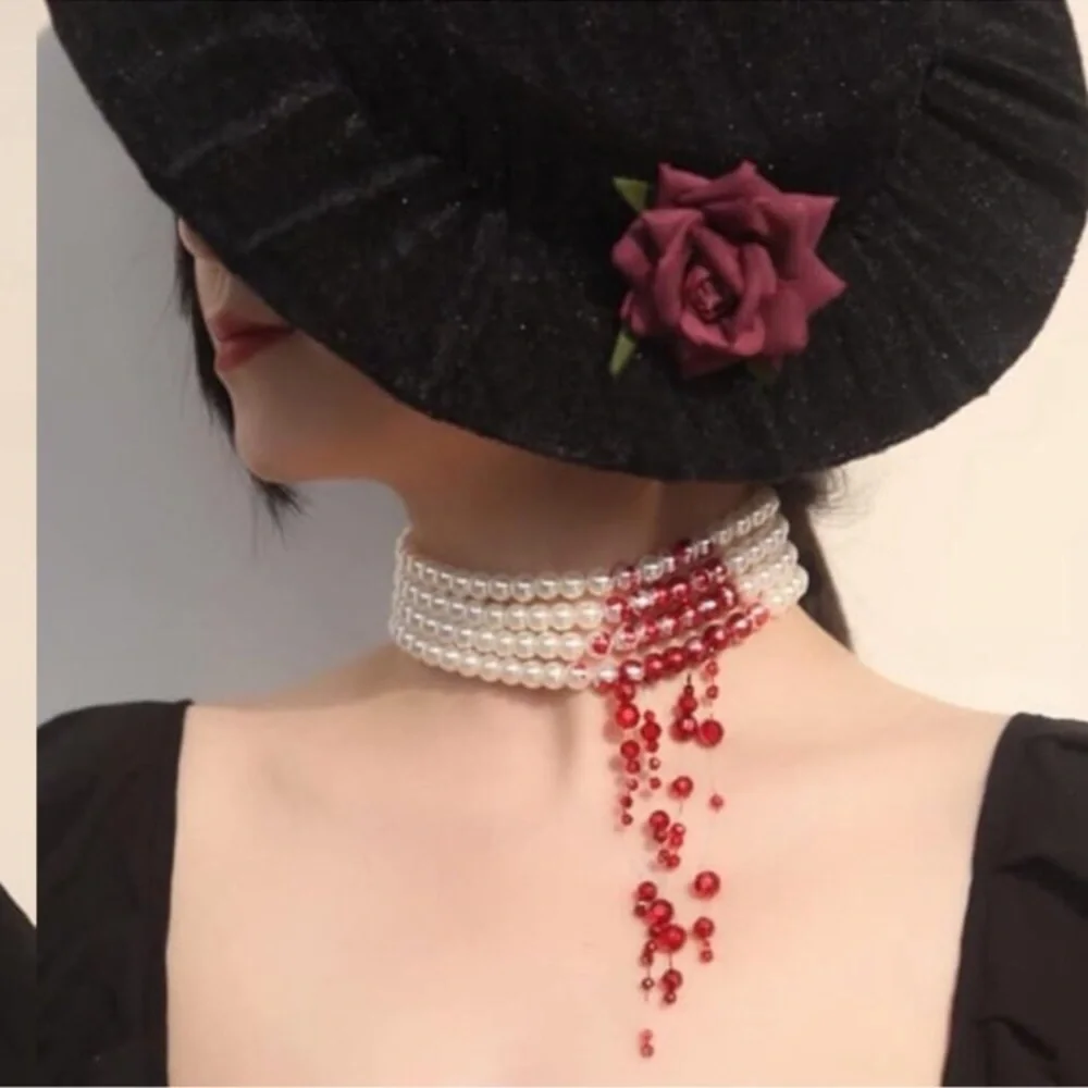 “Vampire Bite” Elegant Blood Droplets Pearl Collar Dripping Red Crystal Choker